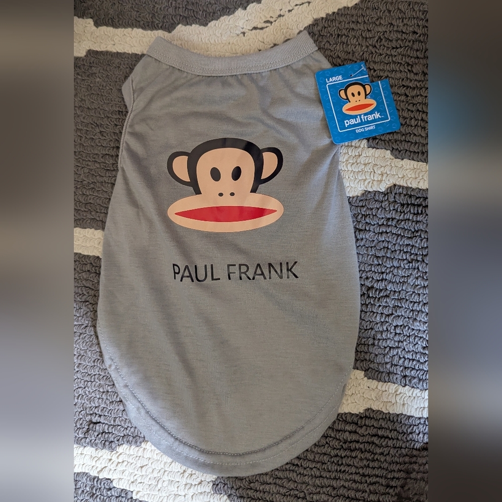 Brand New Paul Frank Light Weight Gray Dog T-Shirt with Monkey Logo Size Large